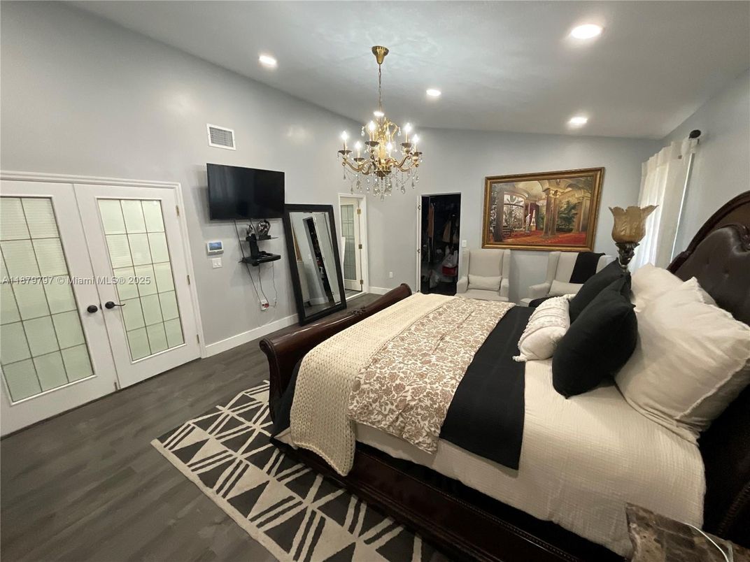 Bedroom, Chandelier, Interior, Recessed Lighting, Wood Texture Flooring