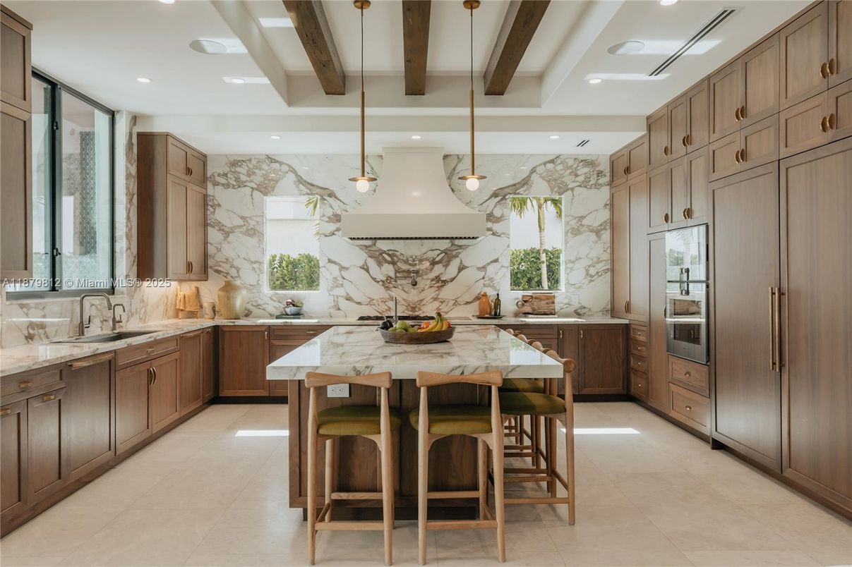 Interior, Kitchen, Marble Walls, Pendant Lights, Recessed Lighting, Stainless Steel Appliances, Wooden Beams