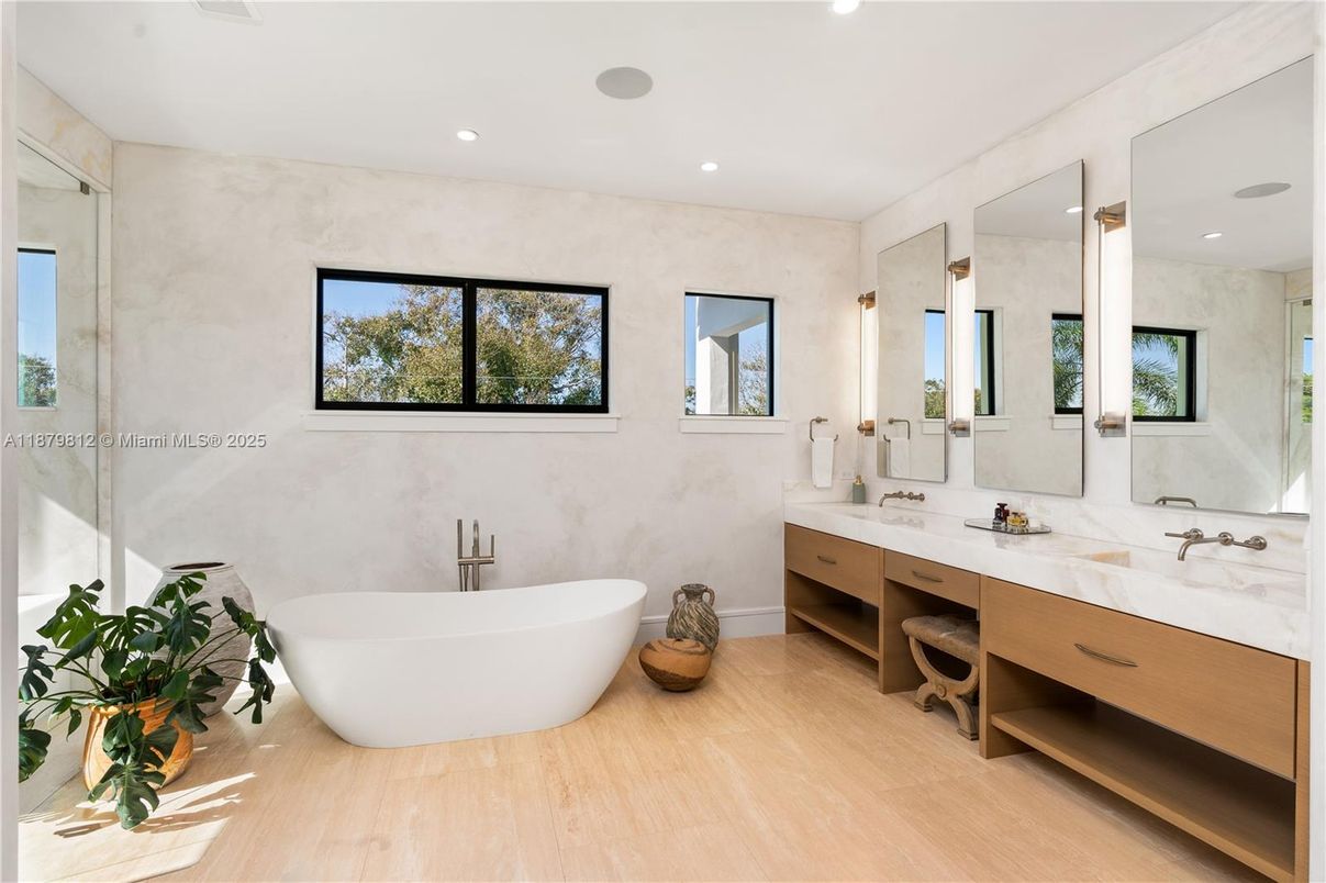 Bathroom, Dual Sink Vanities, Free Standing Baths, Glass Shower, Interior, Recessed Lighting, Wood Texture Flooring