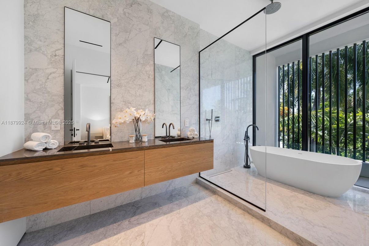 Bathroom, Dual Sink Vanities, Free Standing Baths, Glass Shower, Interior, Marble, Marble Walls