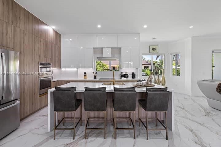 Interior, Kitchen, Marble, Recessed Lighting, Stainless Steel Appliances