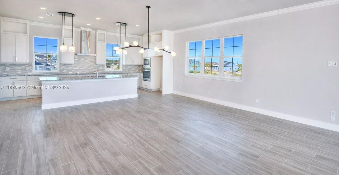 Empty room, Interior, Kitchen, Pendant Lights, Recessed Lighting, Wood Texture Flooring