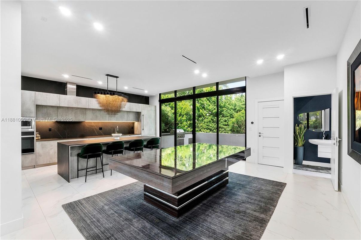 Interior, Kitchen, Marble, Pendant Lights, Recessed Lighting, Stainless Steel Appliances