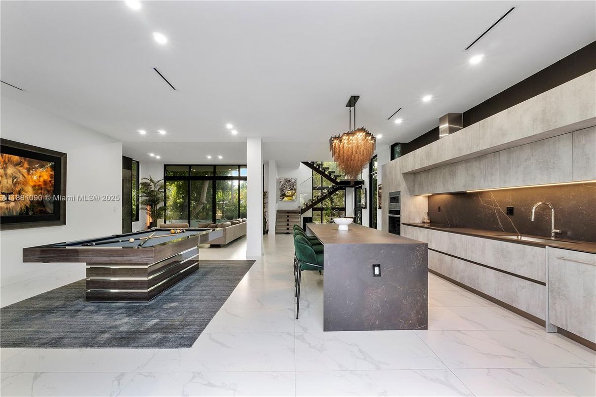 Billiard Table, Chandelier, Game Room, Interior, Kitchen, Marble, Pendant Lights, Recessed Lighting