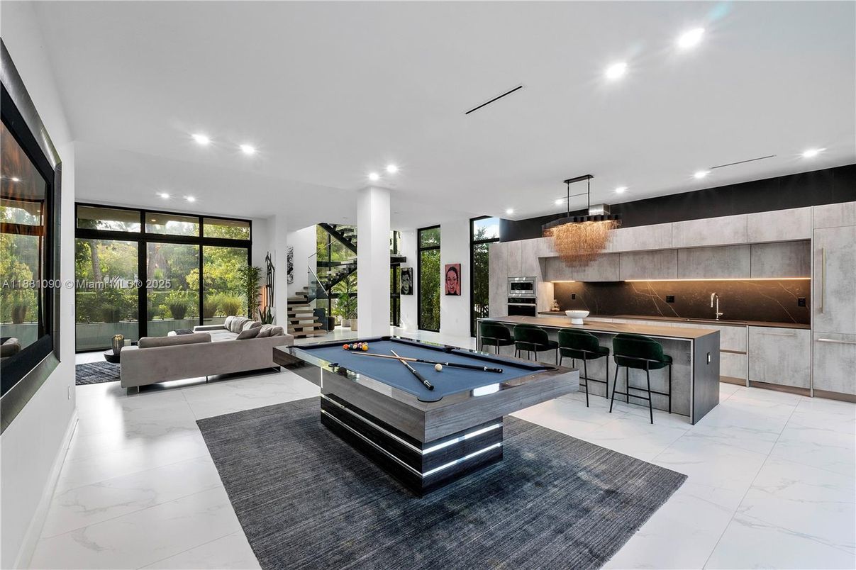 Billiard Table, Game Room, Interior, Kitchen, Living room, Marble, Pendant Lights, Recessed Lighting, Stainless Steel Appliances