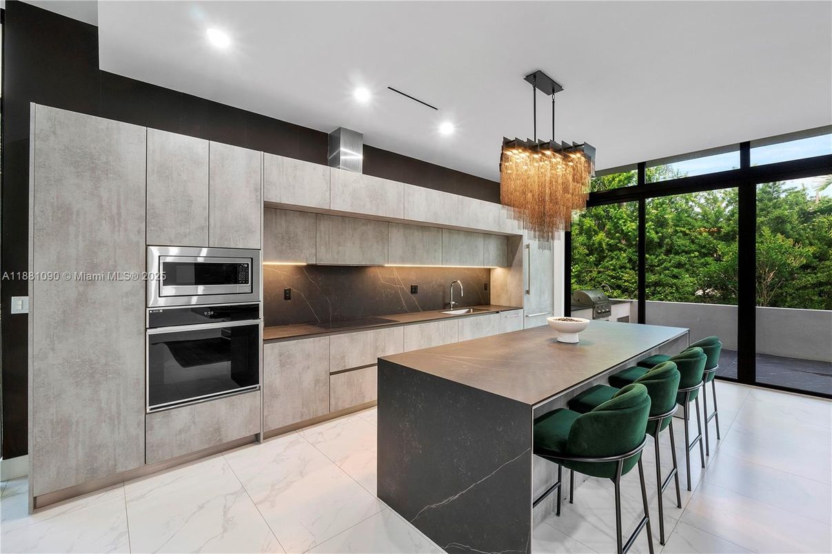 Chandelier, Interior, Kitchen, Marble, Recessed Lighting, Stainless Steel Appliances