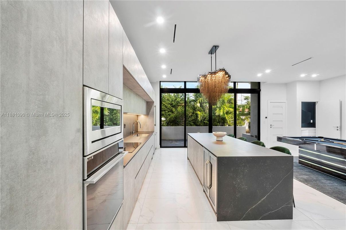 Interior, Kitchen, Marble, Pendant Lights, Recessed Lighting, Stainless Steel Appliances