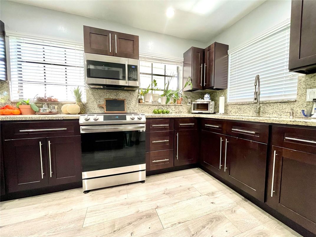 Interior, Kitchen, Recessed Lighting, Stainless Steel Appliances, Wood Texture Flooring