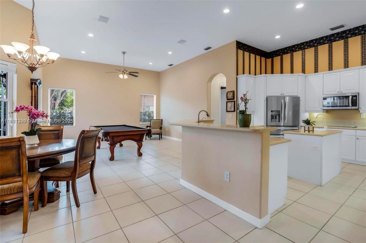 Billiard Table, Chandelier, Dining room, Interior, Kitchen, Recessed Lighting, Stainless Steel Appliances