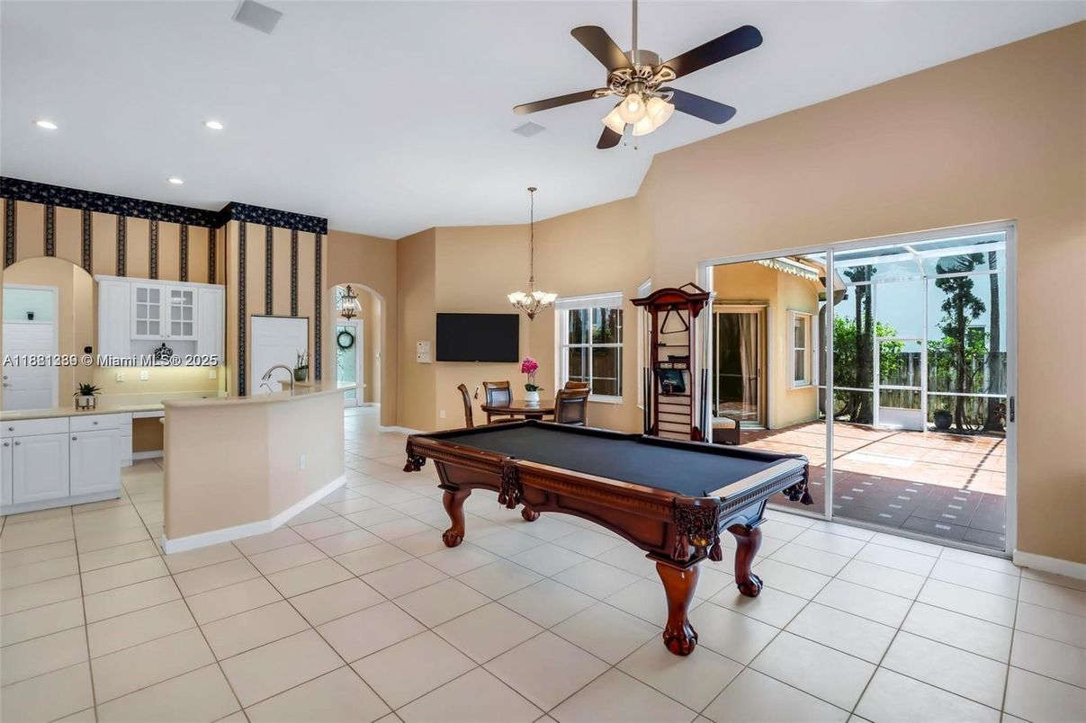 Billiard Table, Chandelier, Game Room, Interior, Recessed Lighting