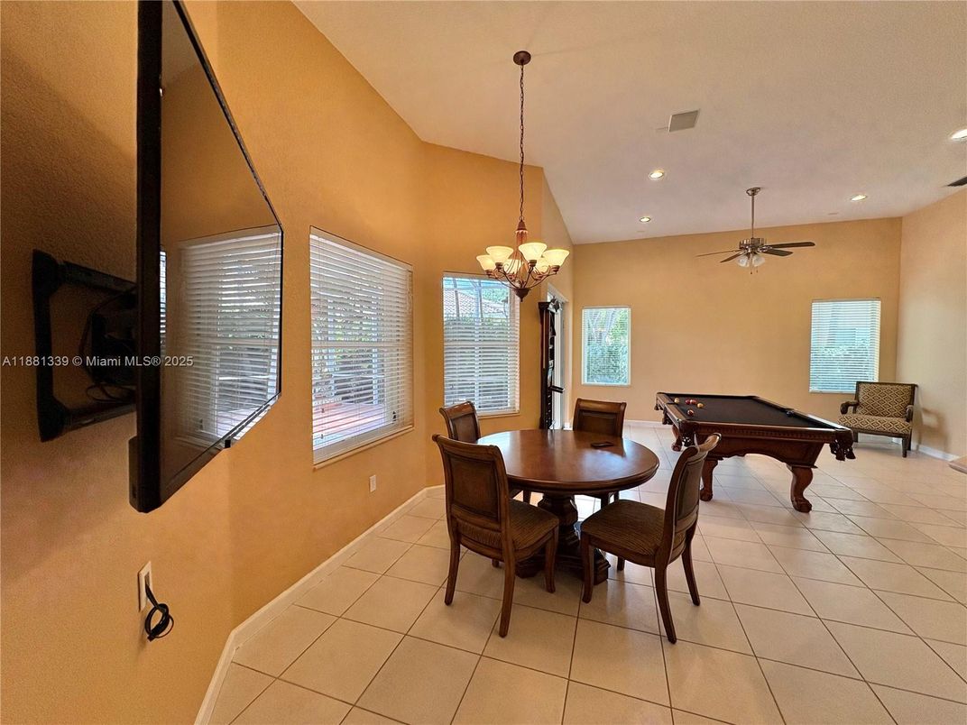 Billiard Table, Chandelier, Dining room, Game Room, Interior, Recessed Lighting