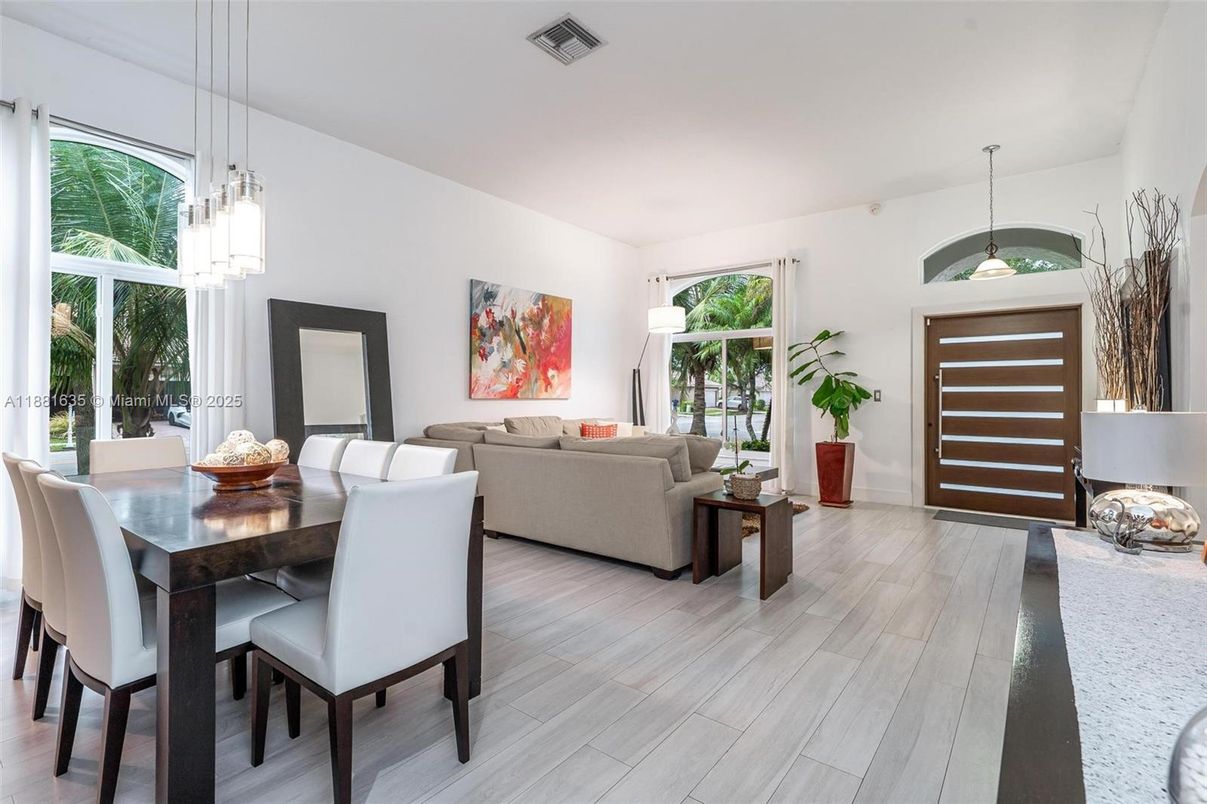 Dining room, Interior, Living room, Pendant Lights, Wood Texture Flooring