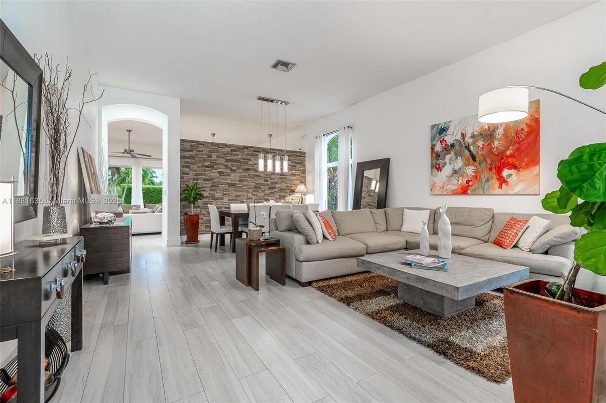Dining room, Interior, Living room, Pendant Lights, Stone Walls, Wood Texture Flooring
