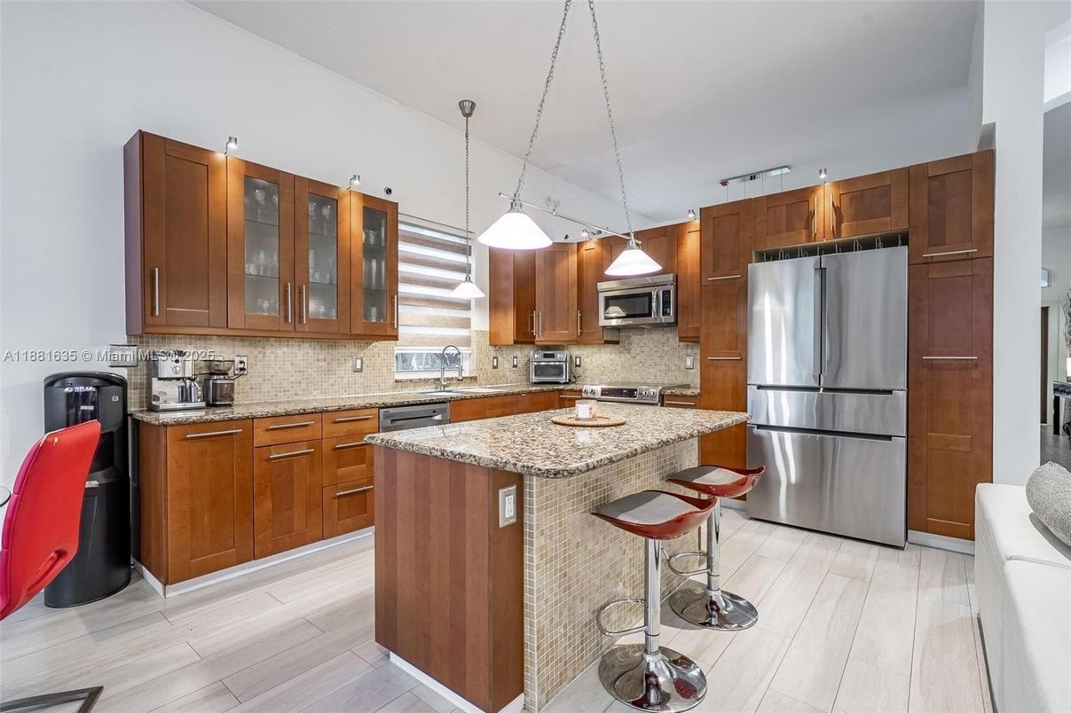 Interior, Kitchen, Pendant Lights, Stainless Steel Appliances, Wood Texture Flooring