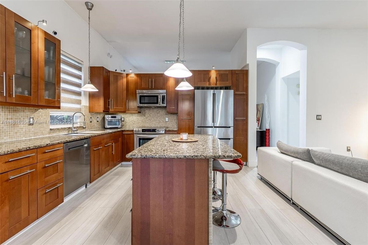Interior, Kitchen, Pendant Lights, Stainless Steel Appliances, Wood Texture Flooring