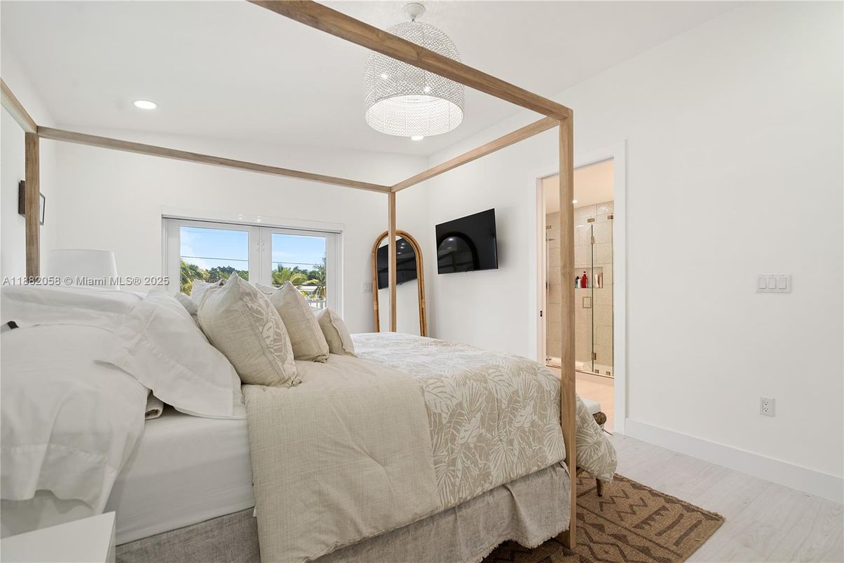 Bedroom, Chandelier, Interior, Recessed Lighting, Wood Texture Flooring