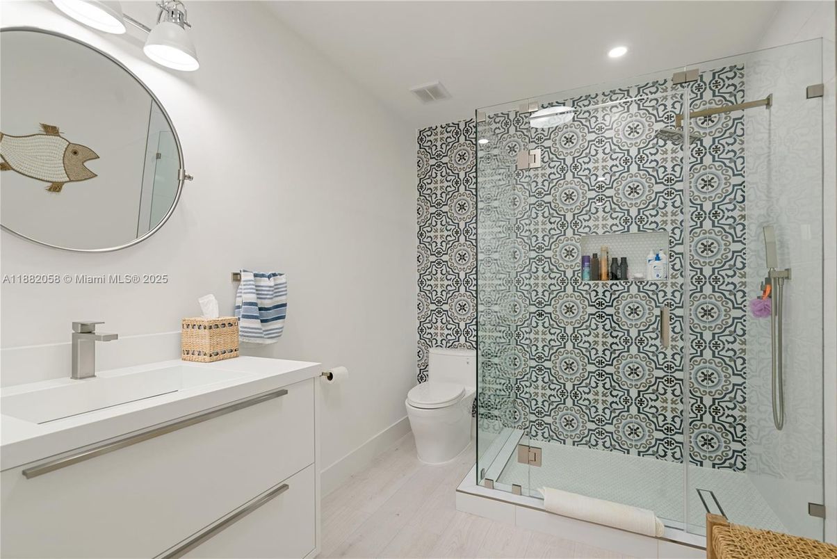 Bathroom, Glass Shower, Interior, Recessed Lighting, Wood Texture Flooring