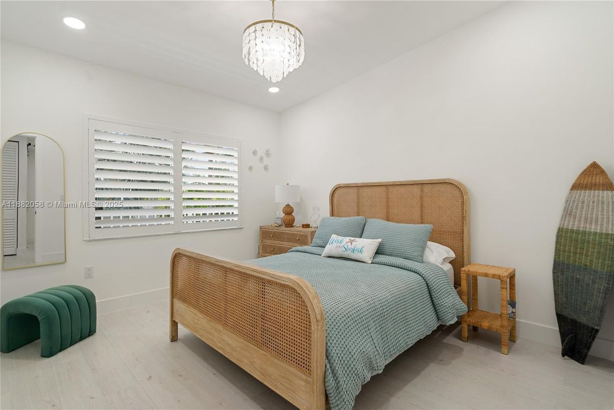 Bedroom, Chandelier, Interior, Recessed Lighting, Wood Texture Flooring