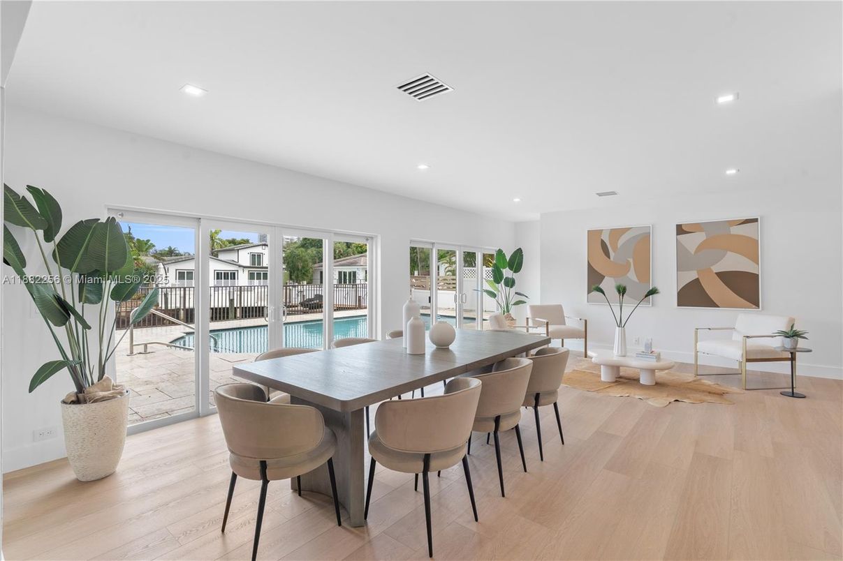 Dining room, Interior, Recessed Lighting, Wood Texture Flooring