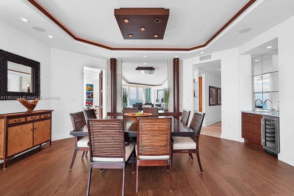 Dining room, Interior, Recessed Lighting, Wood Texture Flooring