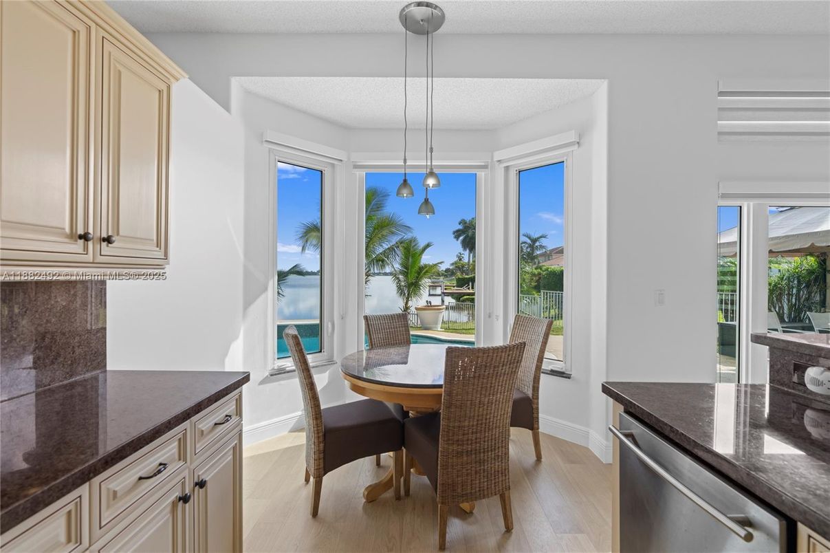 Dining room, Interior, Kitchen, Pendant Lights, Water, Wood Texture Flooring
