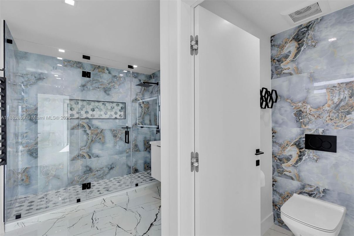 Bathroom, Glass Shower, Interior, Marble, Marble Walls, Recessed Lighting