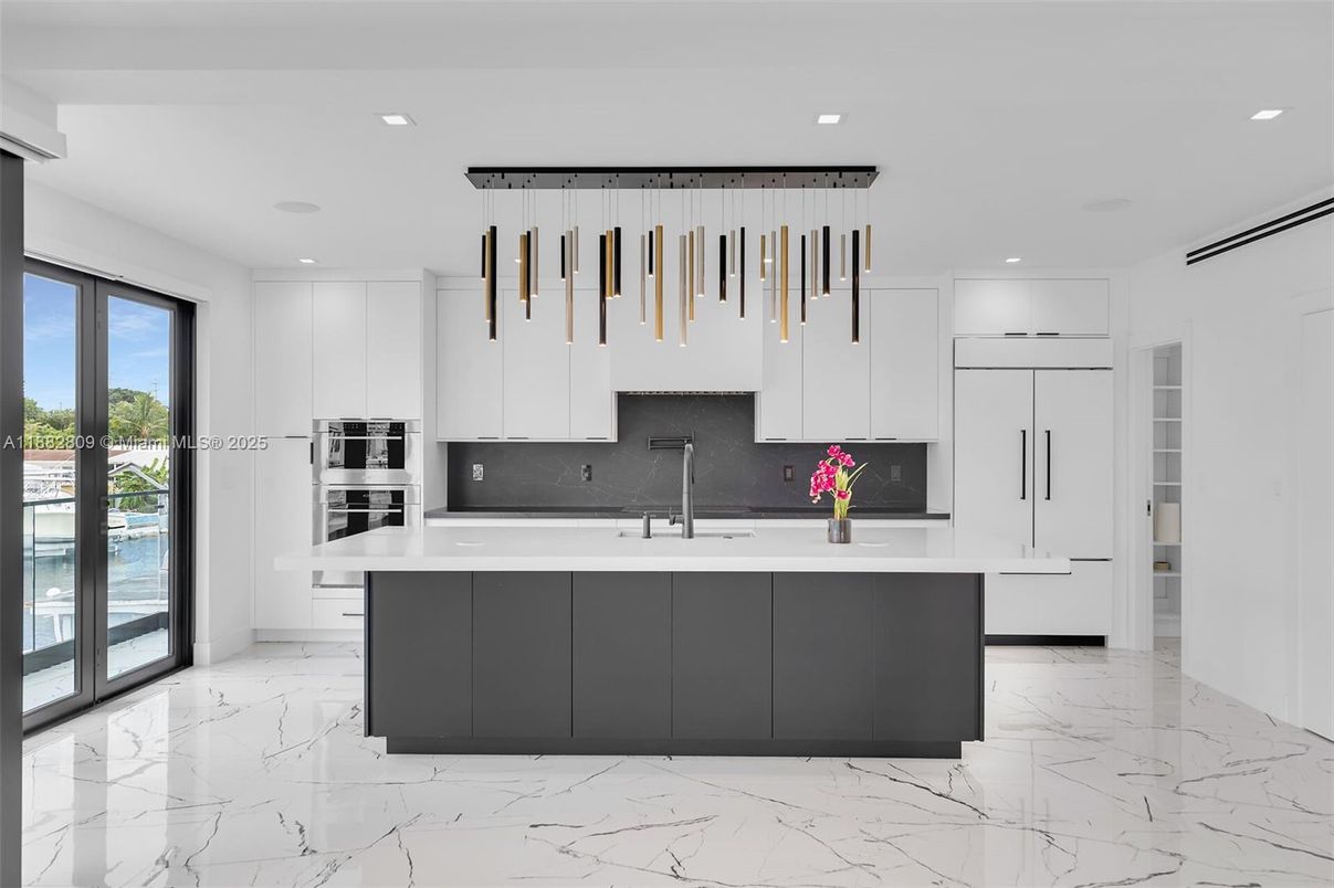 Interior, Kitchen, Marble, Pendant Lights, Recessed Lighting, Stainless Steel Appliances