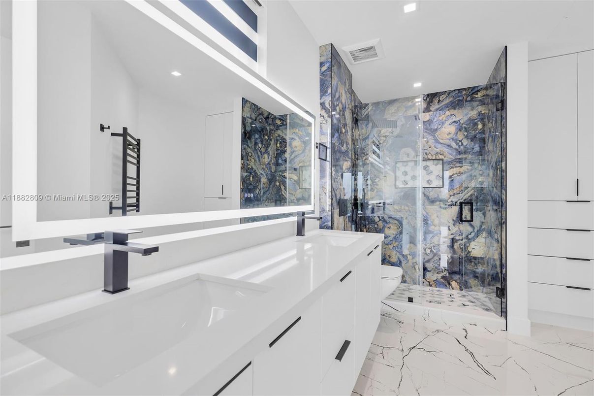 Bathroom, Dual Sink Vanities, Glass Shower, Interior, Marble, Recessed Lighting