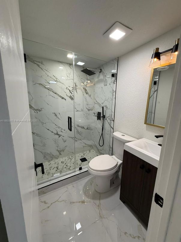 Bathroom, Glass Shower, Interior, Marble, Marble Walls, Recessed Lighting