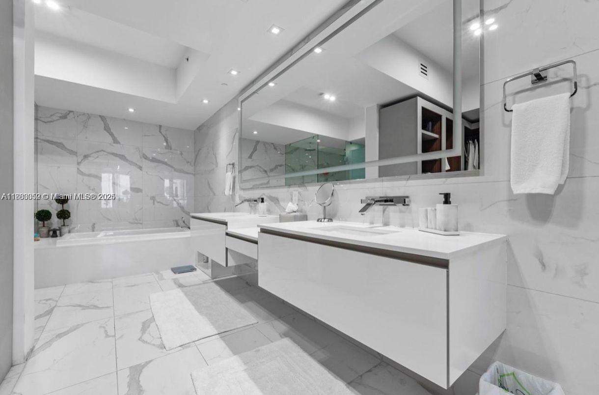 Bathroom, Dual Sink Vanities, Interior, Marble, Marble Walls, Recessed Lighting
