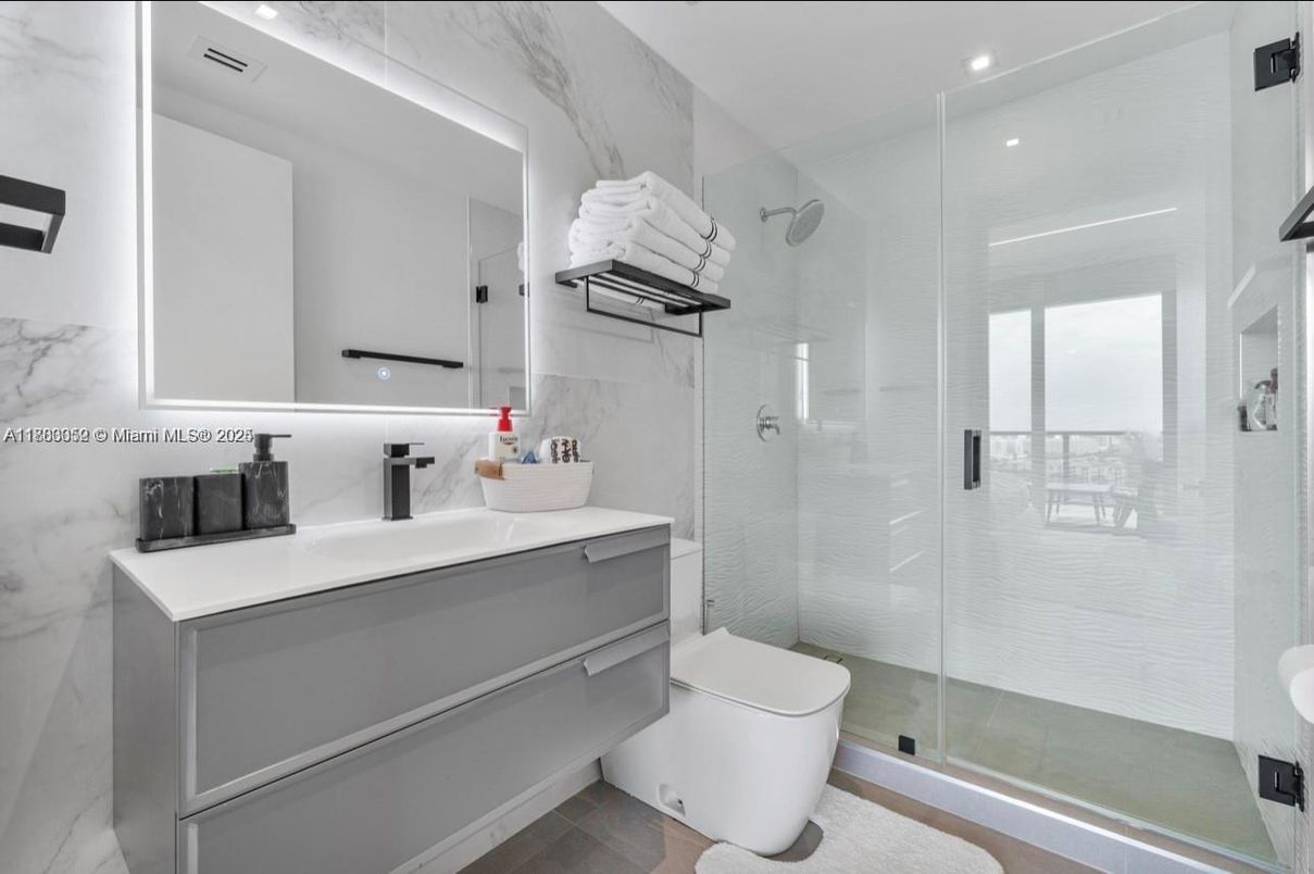 Bathroom, Glass Shower, Interior, Marble Walls, Recessed Lighting