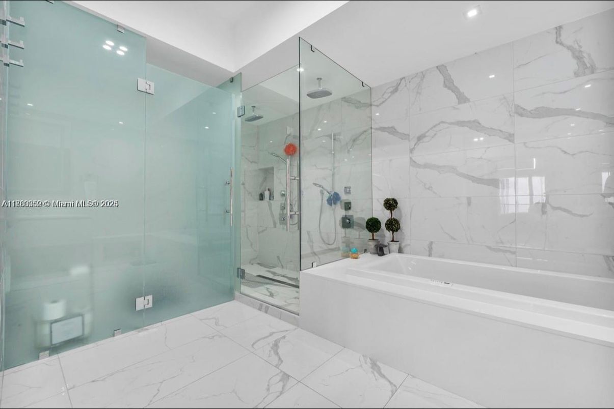 Bathroom, Glass Shower, Interior, Marble, Marble Walls, Recessed Lighting