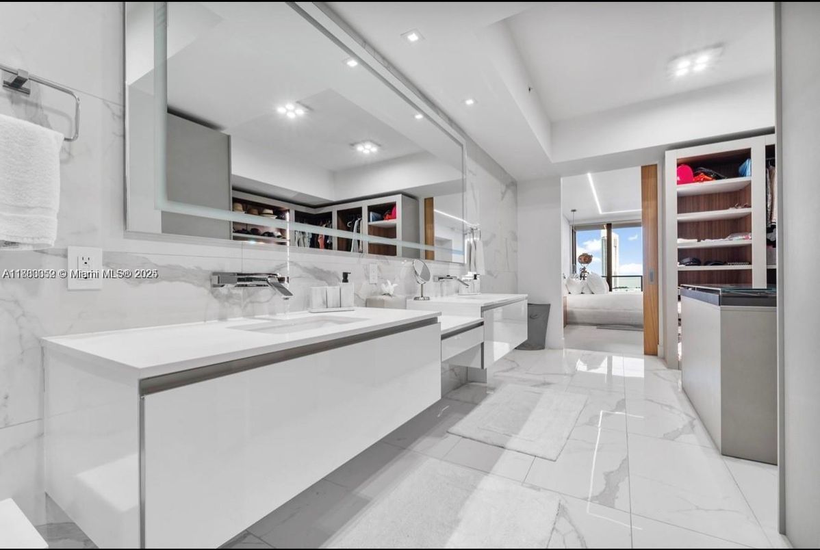 Bathroom, Dual Sink Vanities, Interior, Marble, Marble Walls, Recessed Lighting