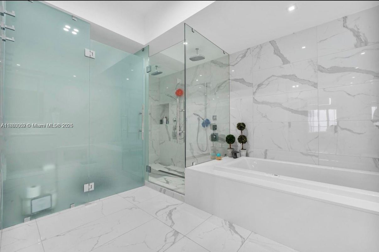 Bathroom, Glass Shower, Interior, Marble, Marble Walls, Recessed Lighting