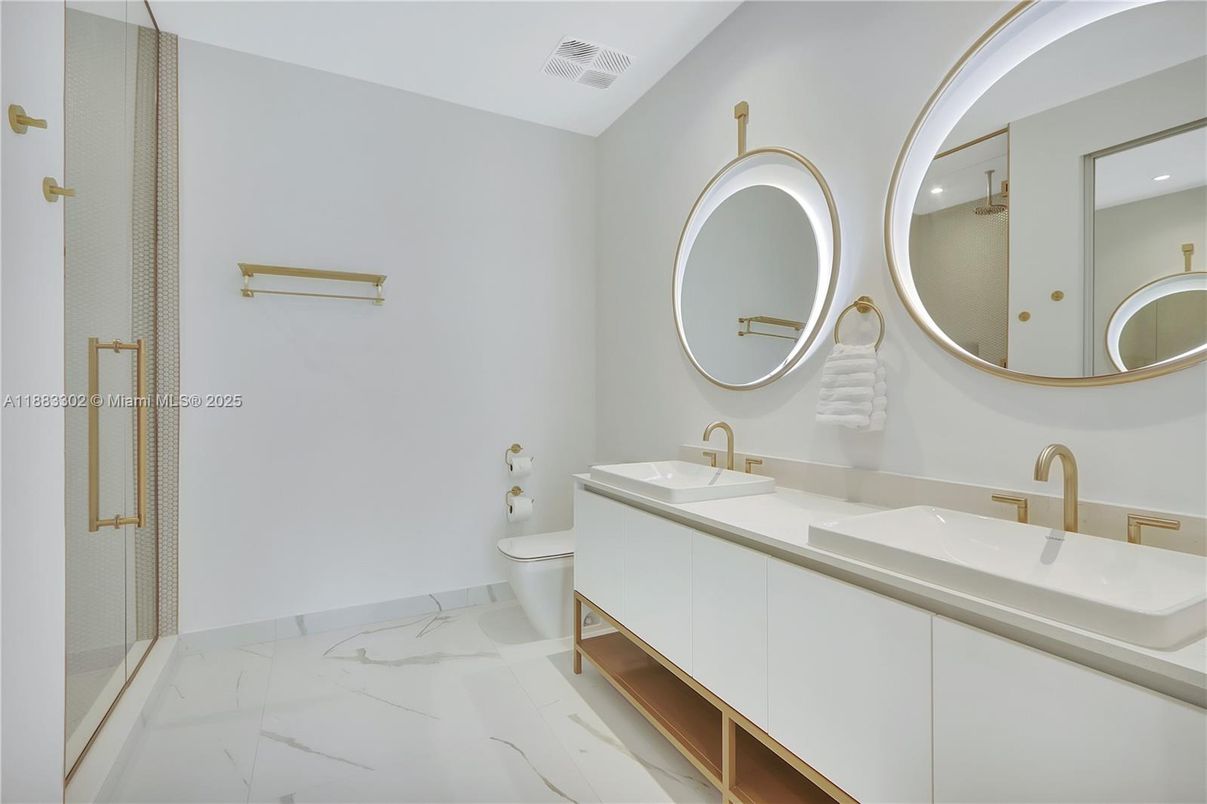 Bathroom, Dual Sink Vanities, Glass Shower, Interior, Marble, Recessed Lighting