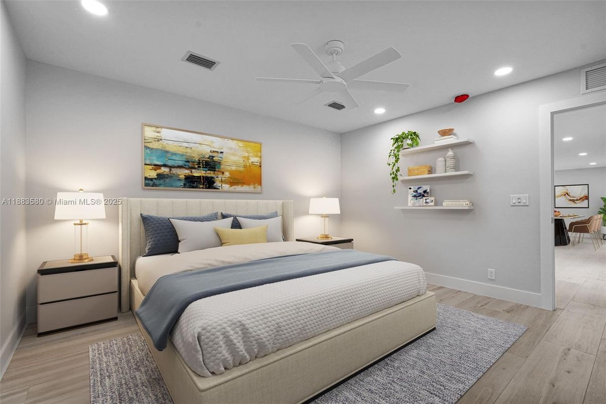 Bedroom, Interior, Recessed Lighting, Wood Texture Flooring