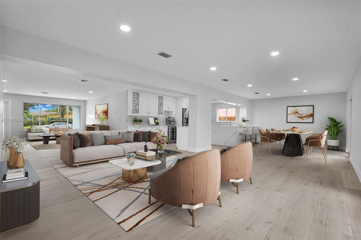 Dining room, Interior, Living room, Recessed Lighting, Wood Texture Flooring