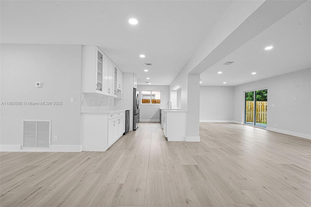Empty room, Interior, Kitchen, Recessed Lighting, Wood Texture Flooring