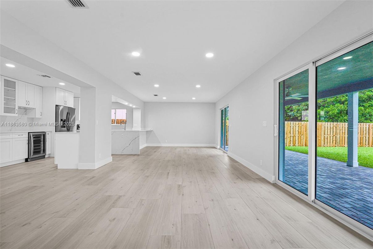 Empty room, Interior, Kitchen, Recessed Lighting, Wood Texture Flooring