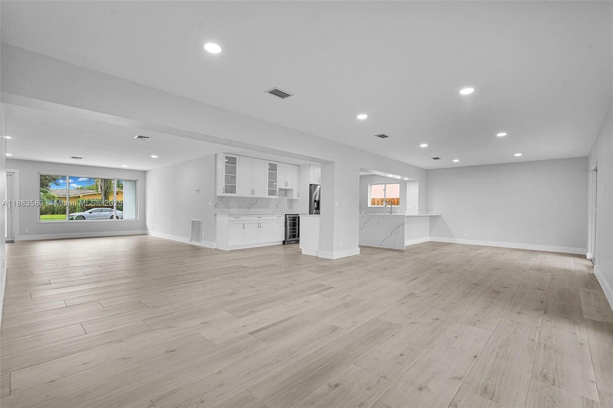 Empty room, Interior, Kitchen, Recessed Lighting, Wood Texture Flooring