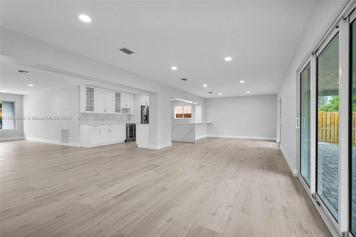 Empty room, Interior, Kitchen, Recessed Lighting, Wood Texture Flooring