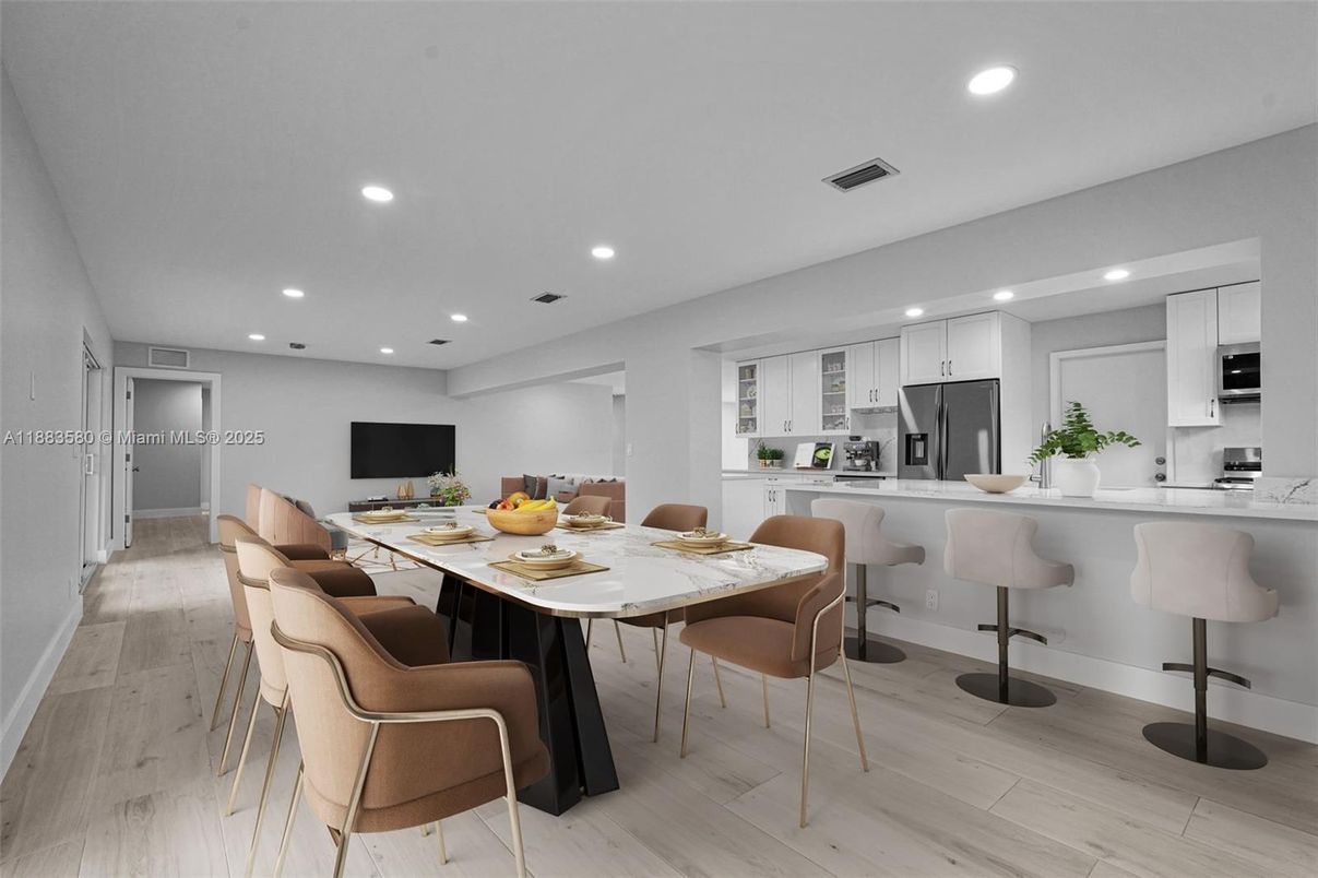 Dining room, Interior, Kitchen, Recessed Lighting, Stainless Steel Appliances, Wood Texture Flooring