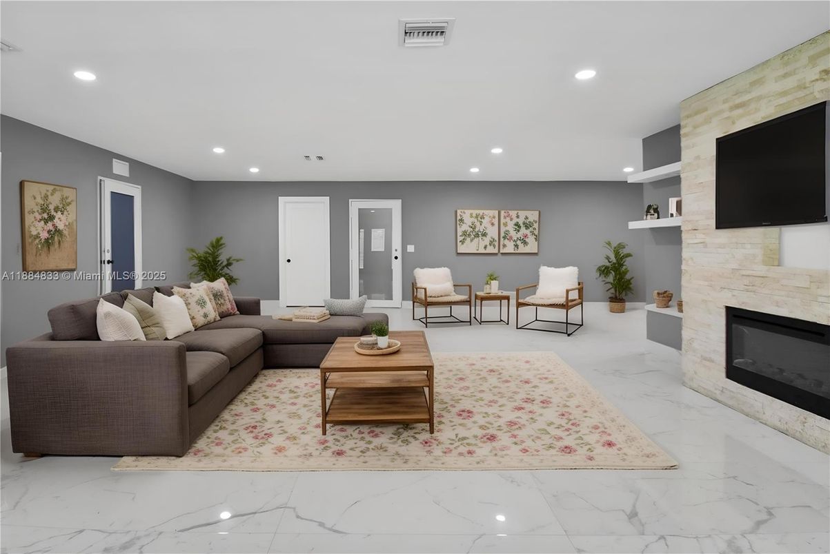Fireplace, Interior, Living room, Marble, Recessed Lighting, Stone Walls