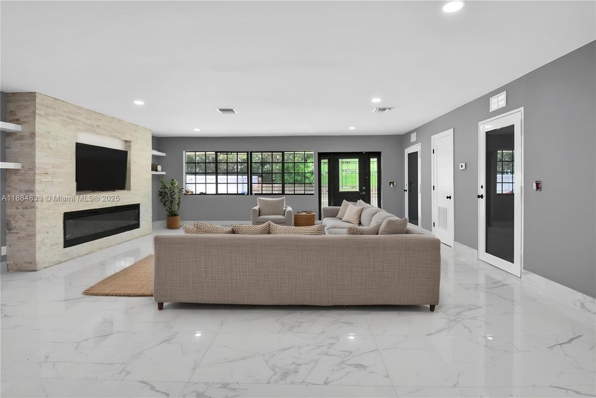 Fireplace, Interior, Living room, Marble, Recessed Lighting