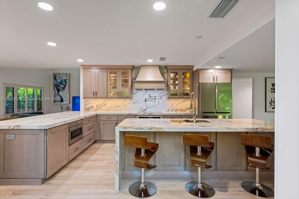 Interior, Kitchen, Marble Walls, Recessed Lighting, Wood Texture Flooring