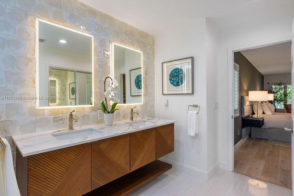 Bathroom, Dual Sink Vanities, Interior, Recessed Lighting, Wood Texture Flooring