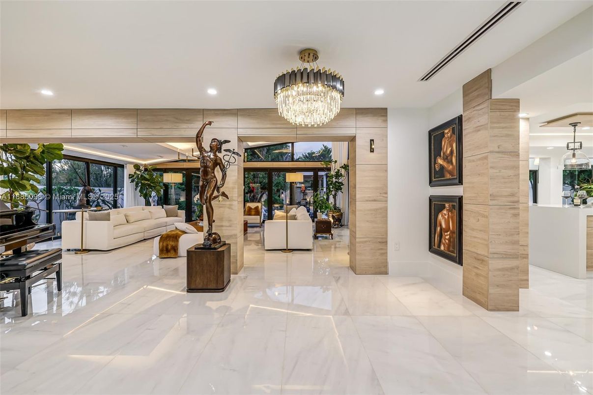 Chandelier, Fireplace, Interior, Living room, Marble, Recessed Lighting