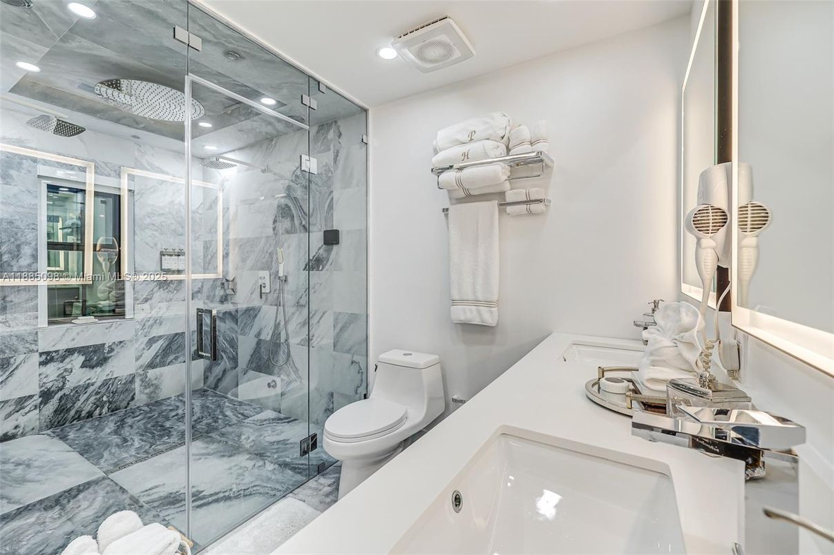 Bathroom, Glass Shower, Interior, Marble Walls, Recessed Lighting