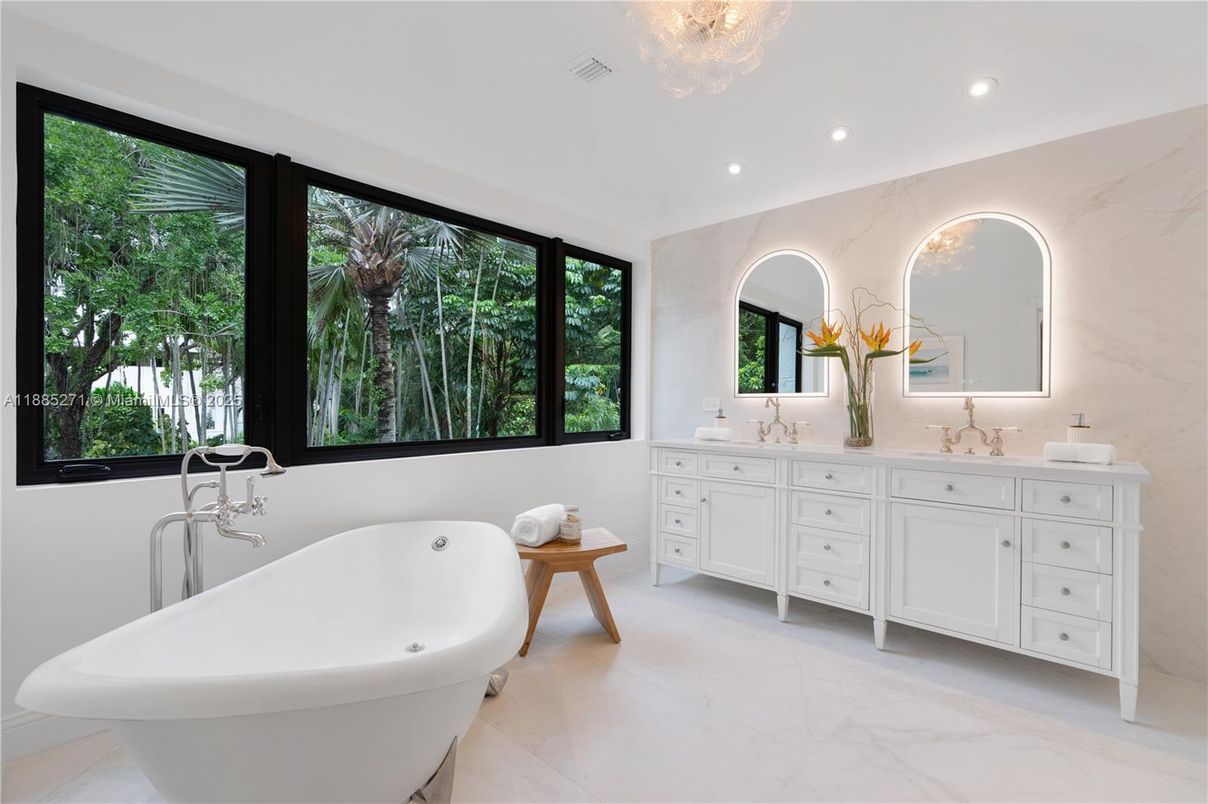 Bathroom, Dual Sink Vanities, Free Standing Baths, Interior, Marble, Marble Walls, Recessed Lighting