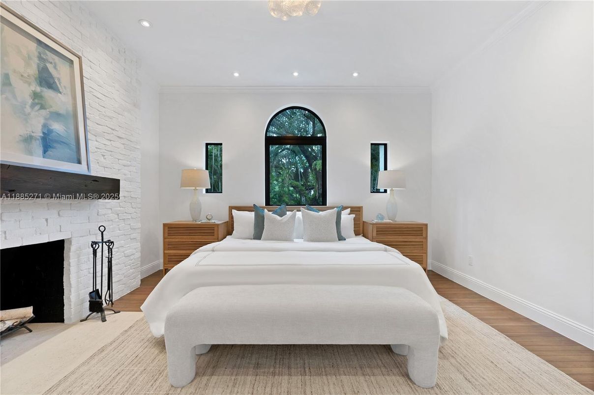 Bedroom, Fireplace, Interior, Recessed Lighting, Stone Walls, Wood Texture Flooring